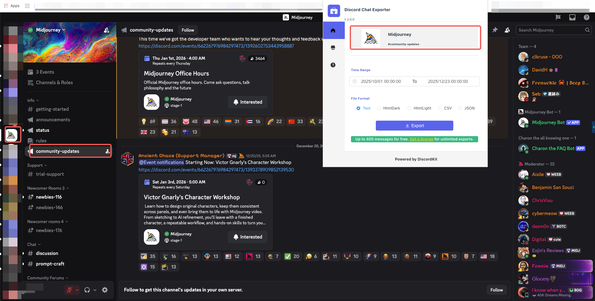 Discord Chat Exporter detects the current channel