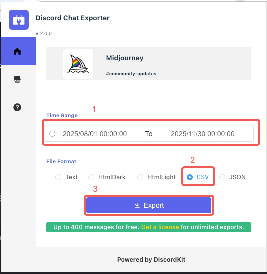 Select time range and export format, then click Export