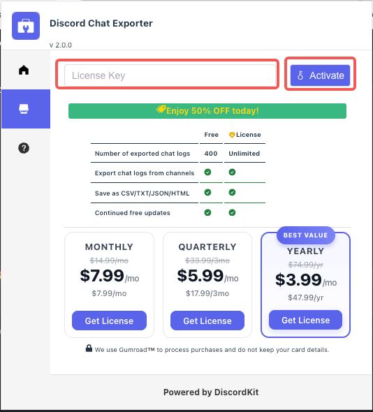 Free exports are limited; paid unlocks unlimited export with a license key